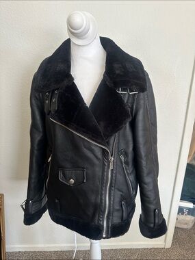 Topshop Black Faux Shearling Biker Jacket